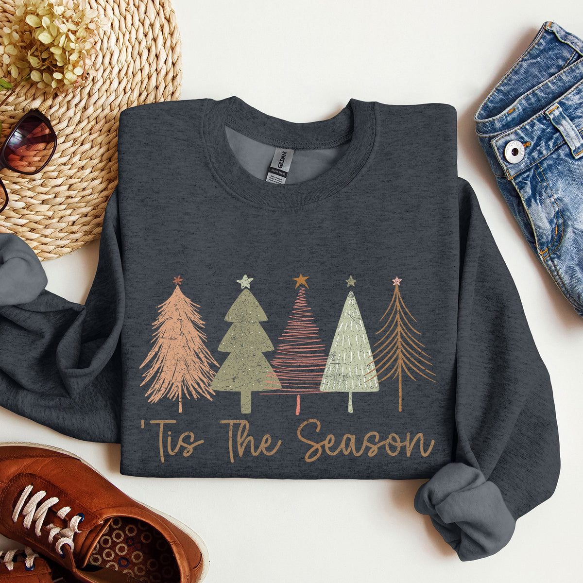 Tis The Season Doodle Christmas Trees Pastels Cozy Holiday Doodle Artwork Sweatshirt