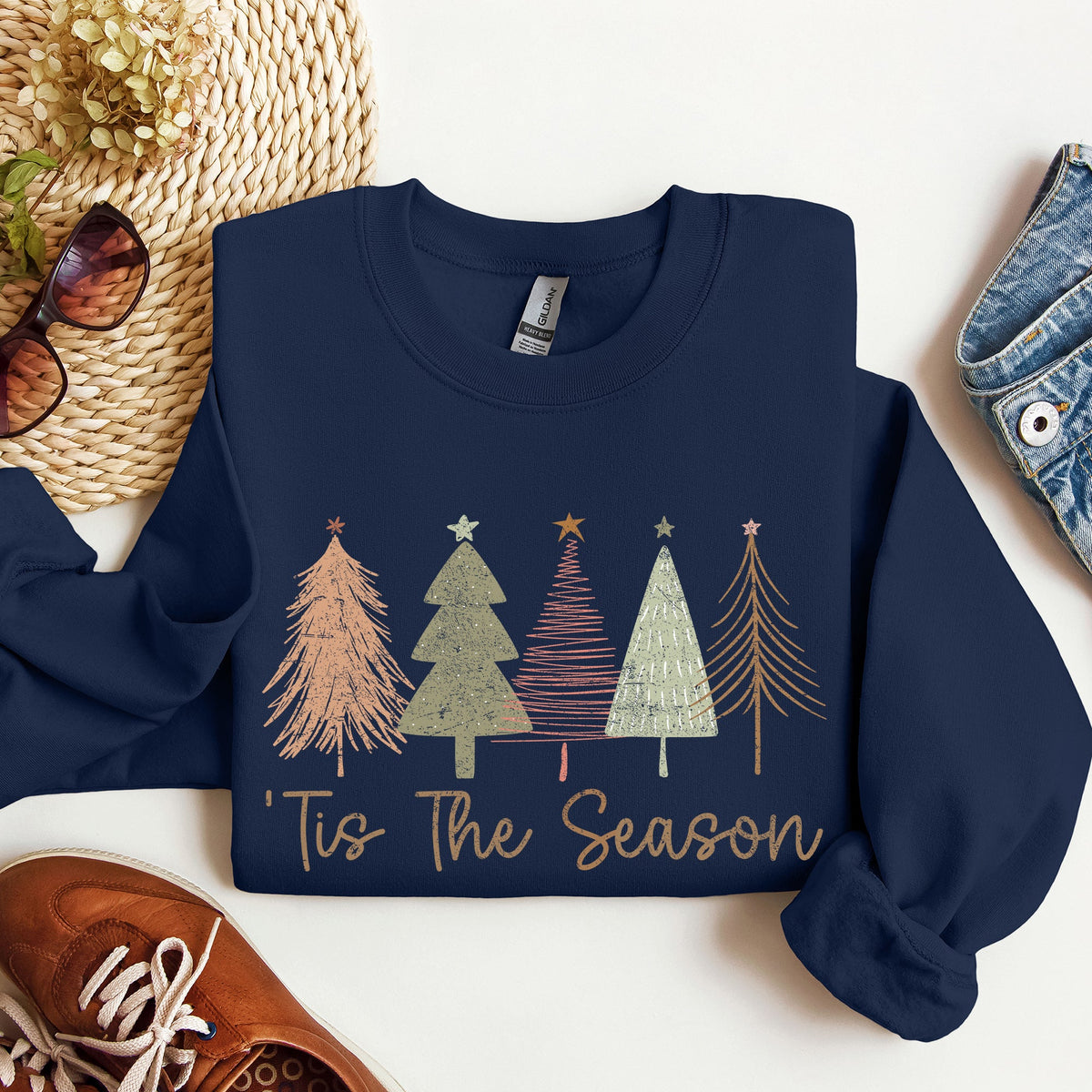 Tis The Season Doodle Christmas Trees Pastels Cozy Holiday Doodle Artwork Sweatshirt