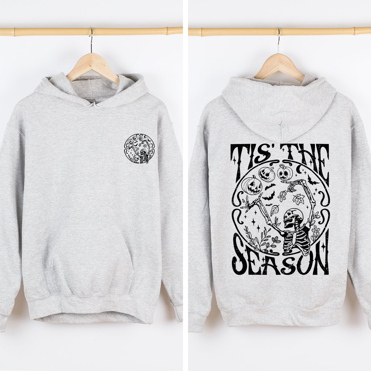 Tis The Season Spooky Skeleton Pink Ribbon Lace Front And Back Halloween Graphic Hoodie