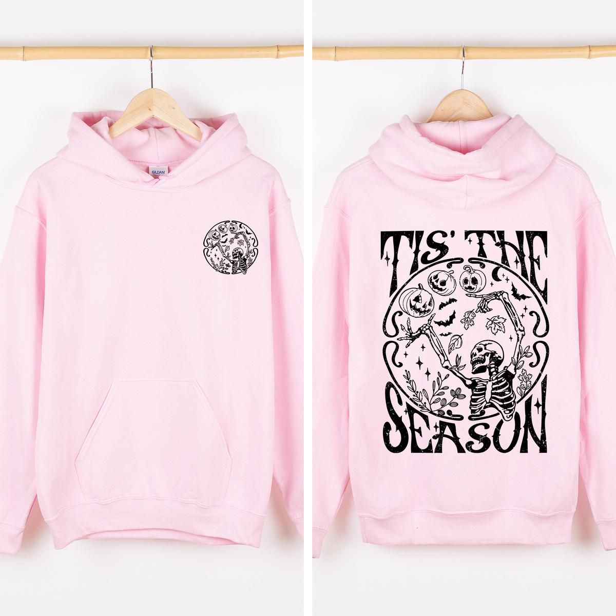 Tis The Season Spooky Skeleton Pink Ribbon Lace Front And Back Halloween Graphic Hoodie