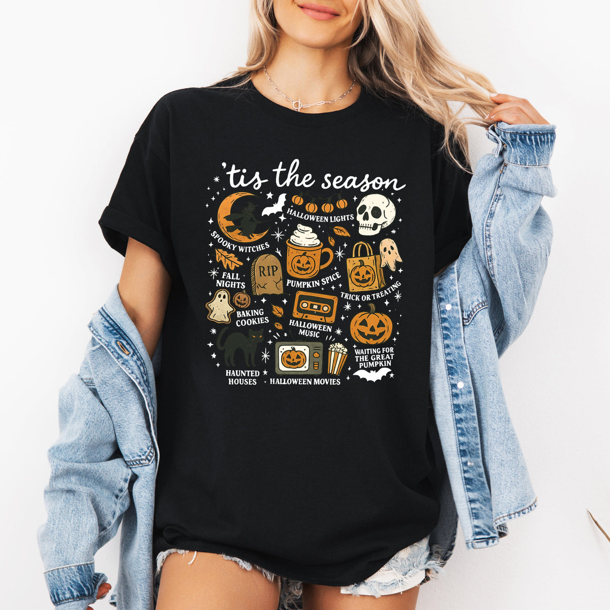 Tis The Season Halloween Skeleton Black Cat Witch Ghost Pumpkin Festive Graphic Tee