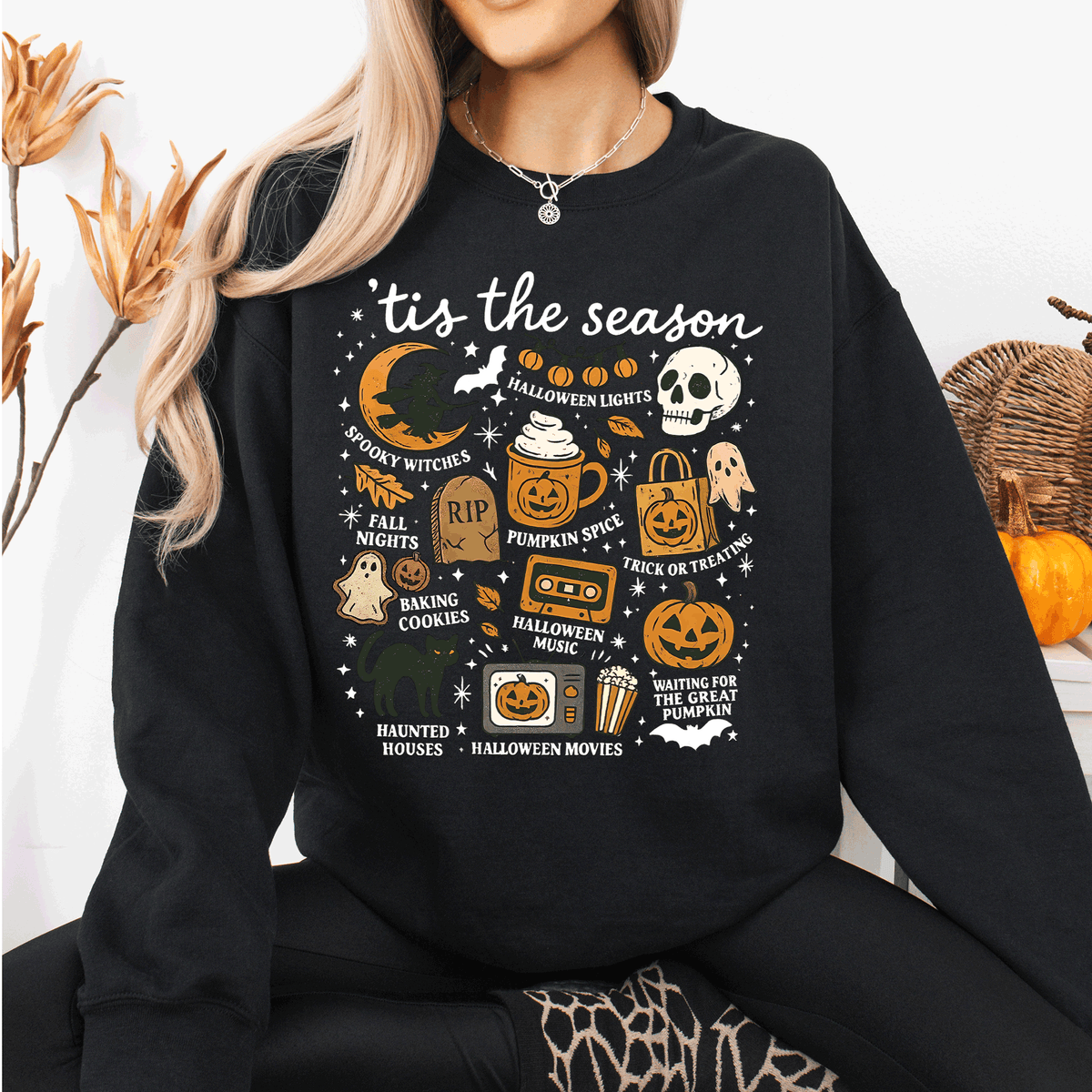 Tis The Season Halloween Skeleton Black Cat Witch Ghost Pumpkin Spooky Sweatshirt