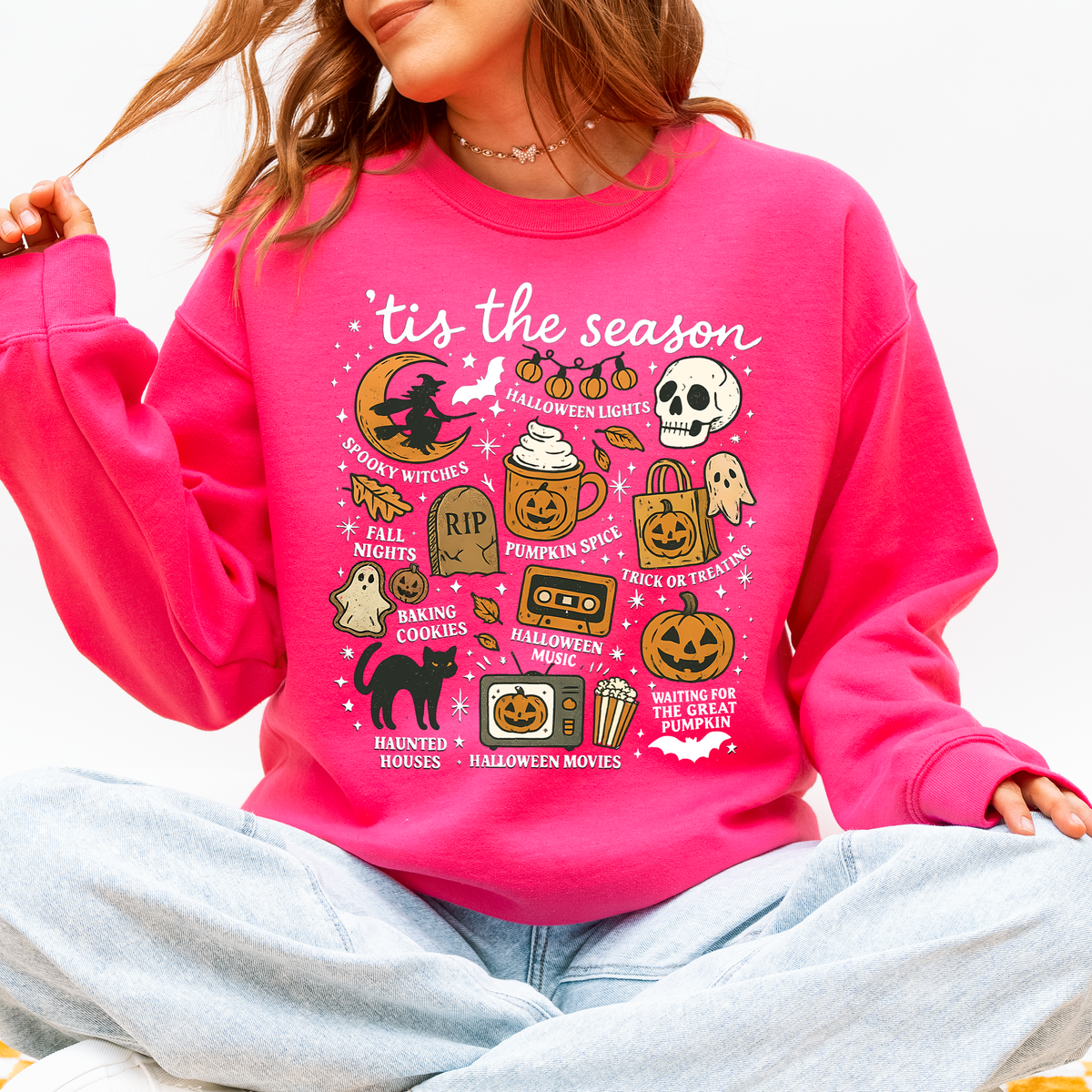 Tis The Season Halloween Skeleton Black Cat Witch Ghost Pumpkin Spooky Sweatshirt