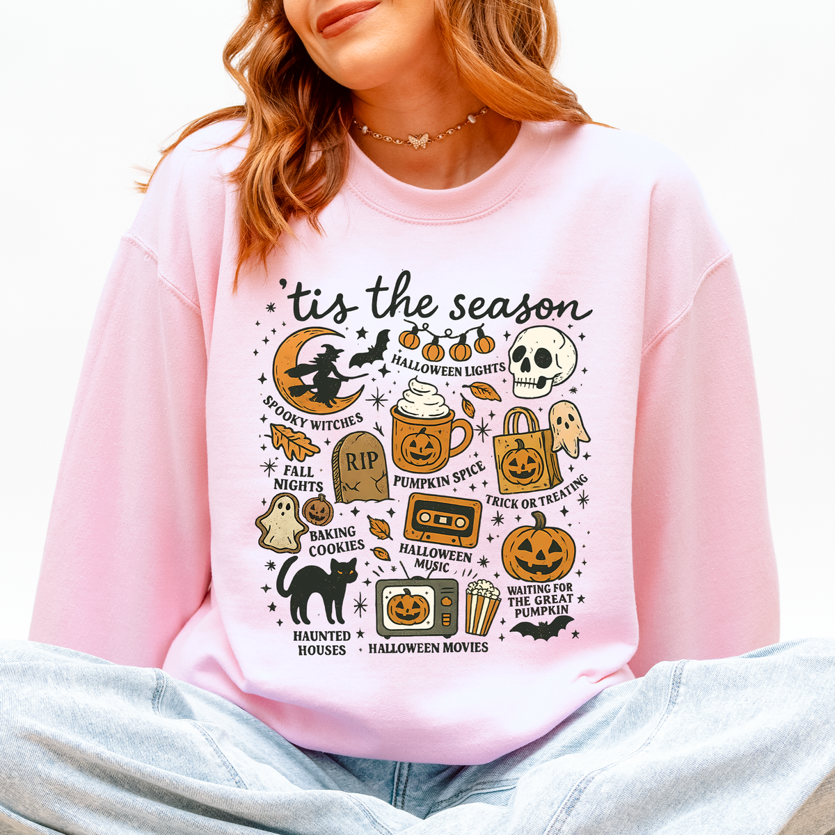 Tis The Season Halloween Skeleton Black Cat Witch Ghost Pumpkin Spooky Sweatshirt