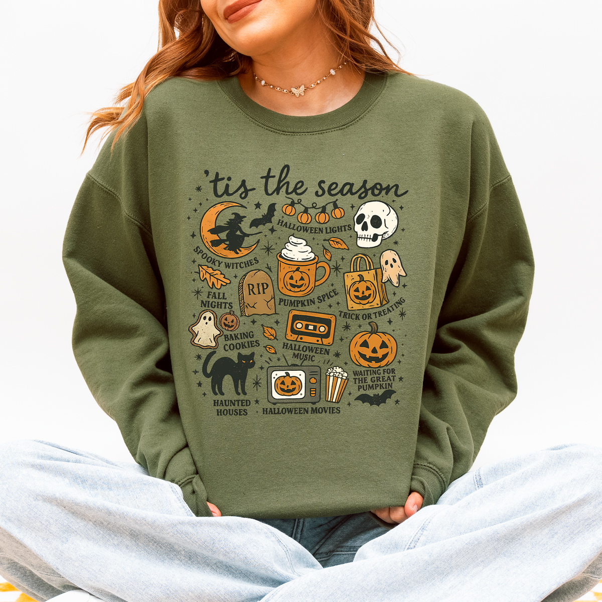 Tis The Season Halloween Skeleton Black Cat Witch Ghost Pumpkin Spooky Sweatshirt