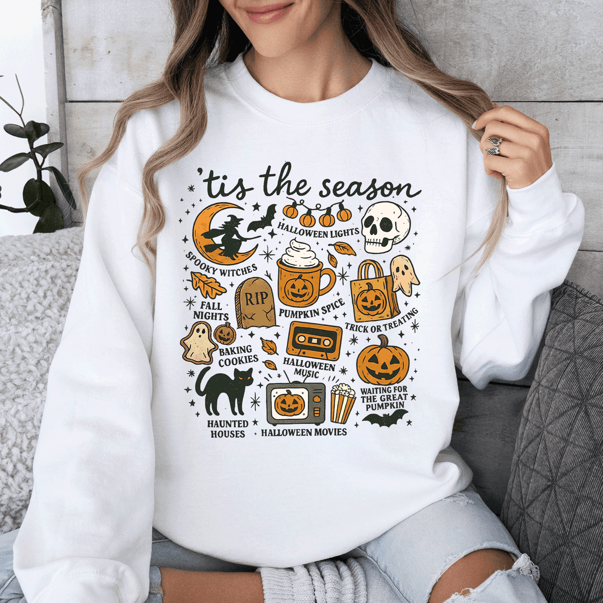 Tis The Season Halloween Skeleton Black Cat Witch Ghost Pumpkin Spooky Sweatshirt
