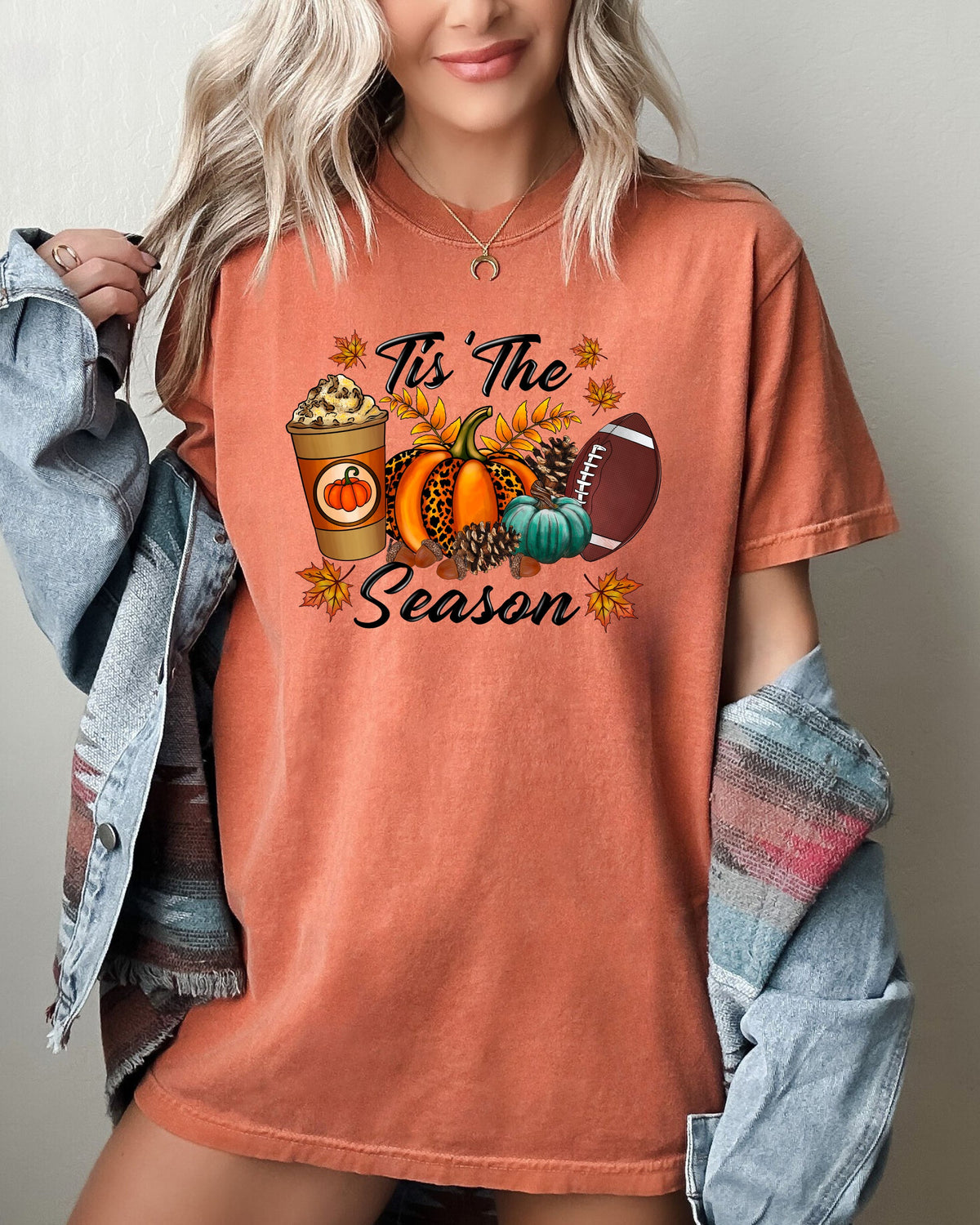 Tis The Season Leopard Print Football Pumpkin Leaves Autumn Halloween Comfort Colors Tee