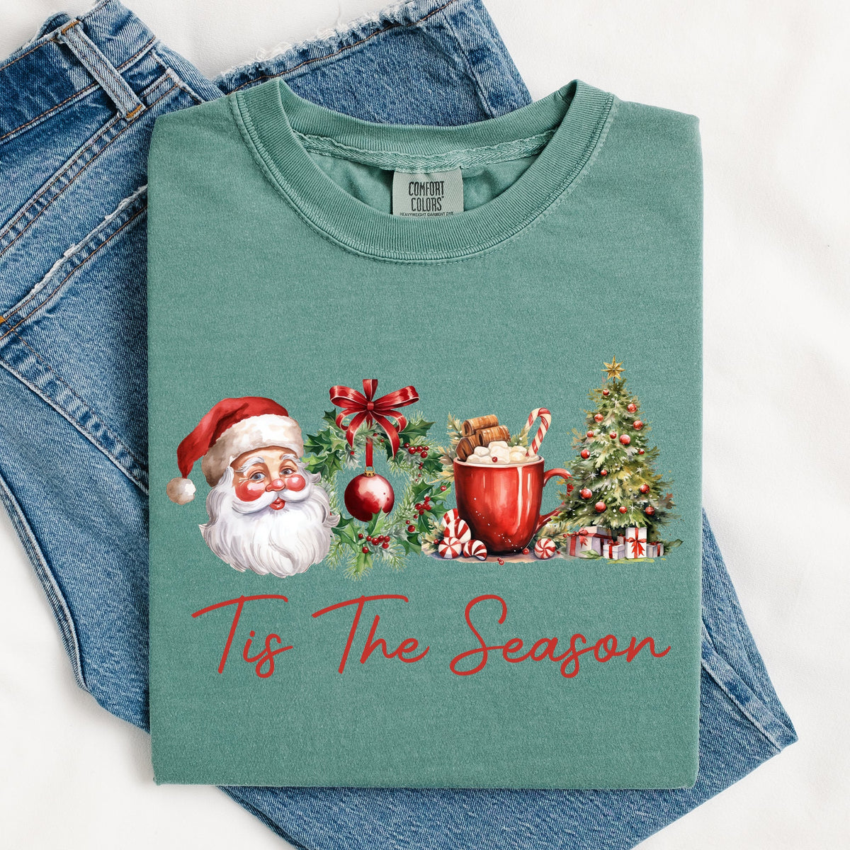 Tis The Season Retro Santa Coffee Christmas Tree Xmas Holiday Edition Comfort Colors Tee