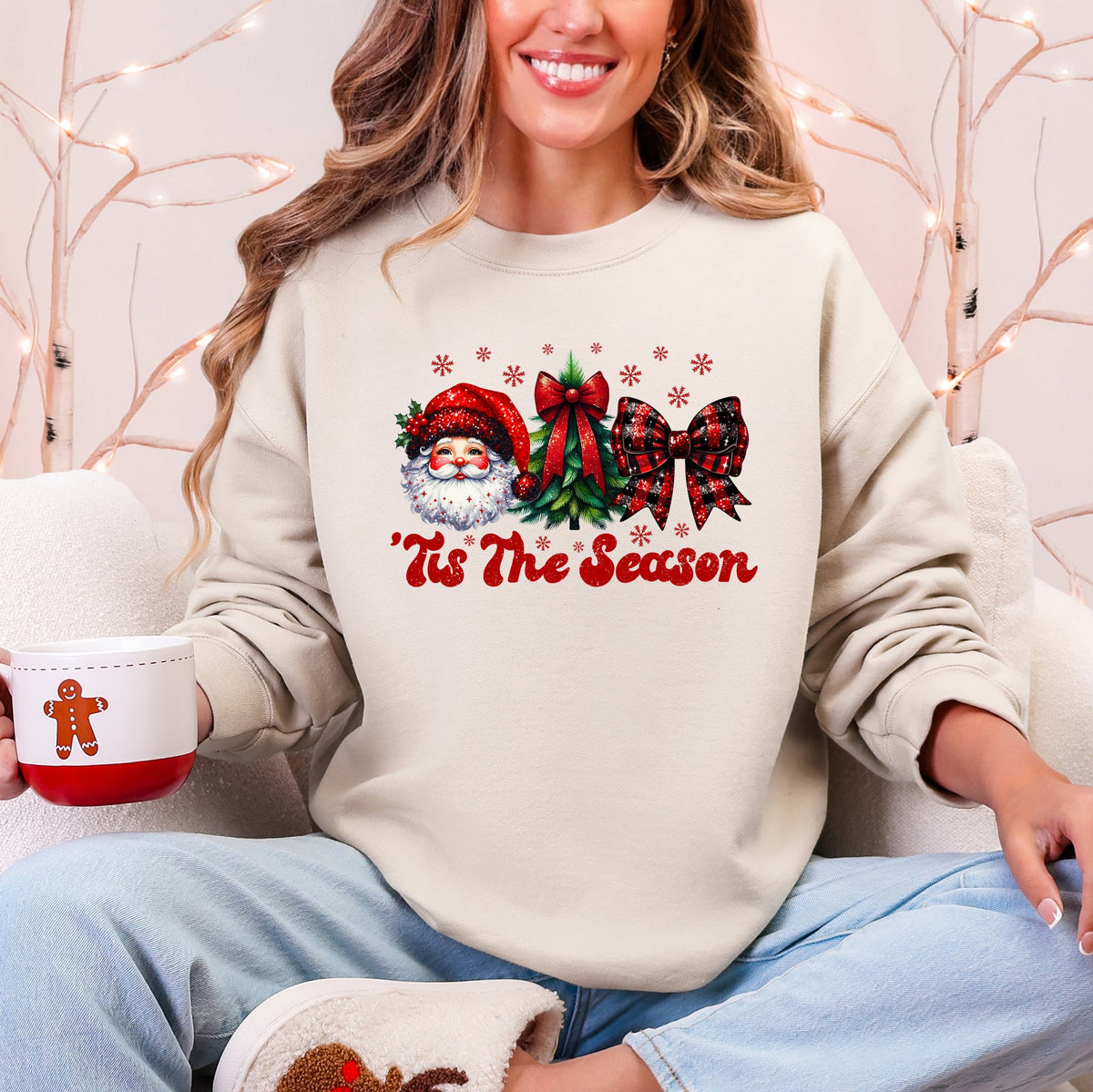 Tis The Season Santa Christmas Tree Checkered Bow Ribbon Holiday Cheer Festive Collection Sweatshirt