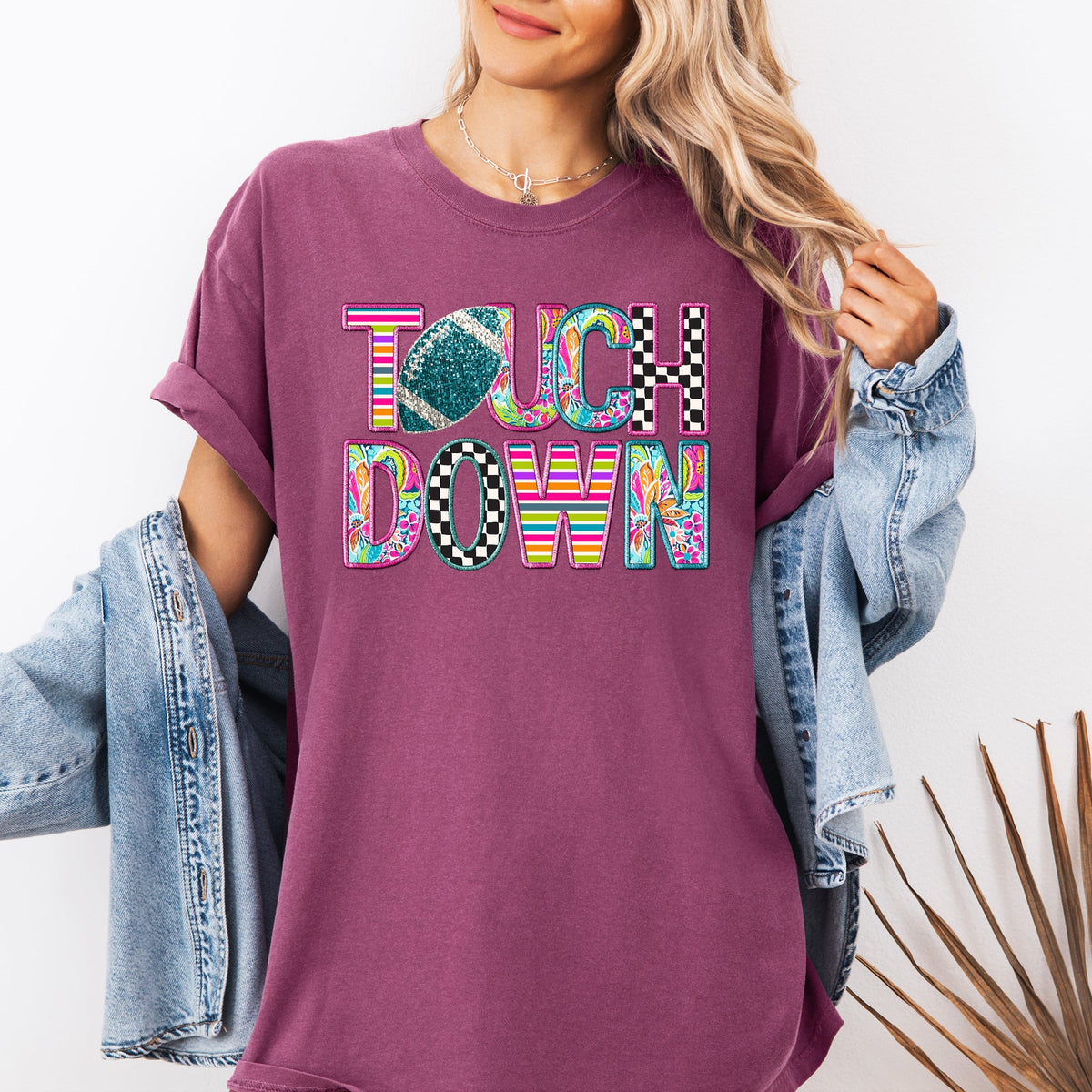 Touchdown Faux Printed Embroidery Look Colorful Girly Football Game Day Tailgate Party Comfort Colors Tee