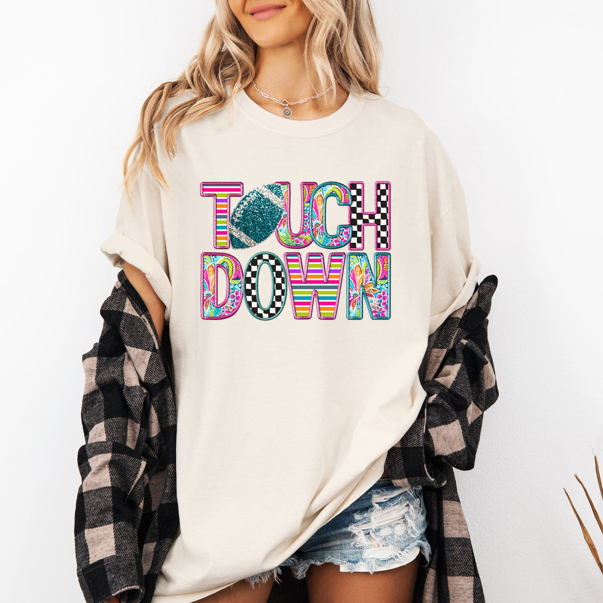 Touchdown Faux Printed Embroidery Look Colorful Girly Football Game Day Tailgate Party Comfort Colors Tee