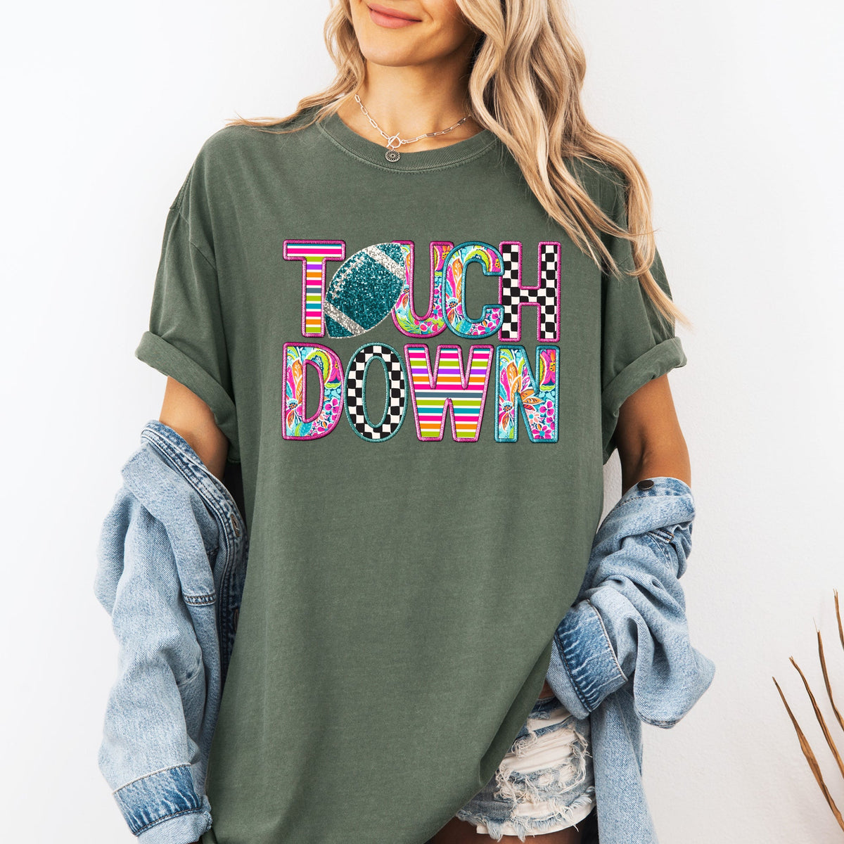 Touchdown Faux Printed Embroidery Look Colorful Girly Football Game Day Tailgate Party Comfort Colors Tee