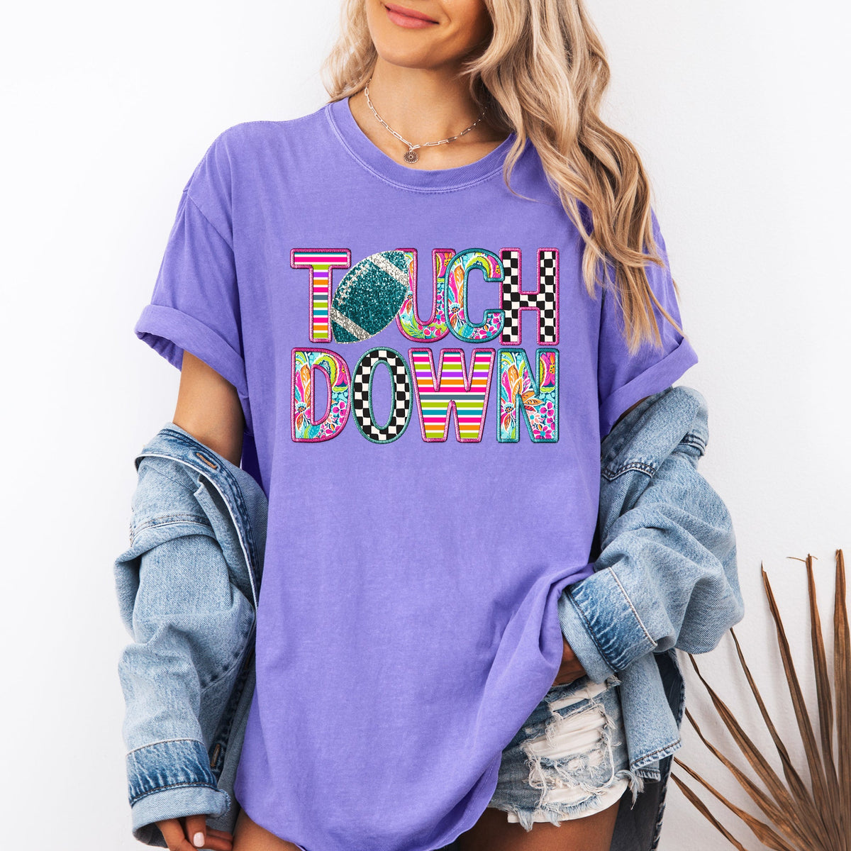 Touchdown Faux Printed Embroidery Look Colorful Girly Football Game Day Tailgate Party Comfort Colors Tee