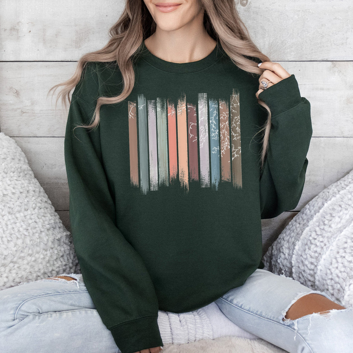 Trailing Vines, Nature, Botanical Stripes Inspired Foliage Pattern Cozy Fleece Sweatshirt