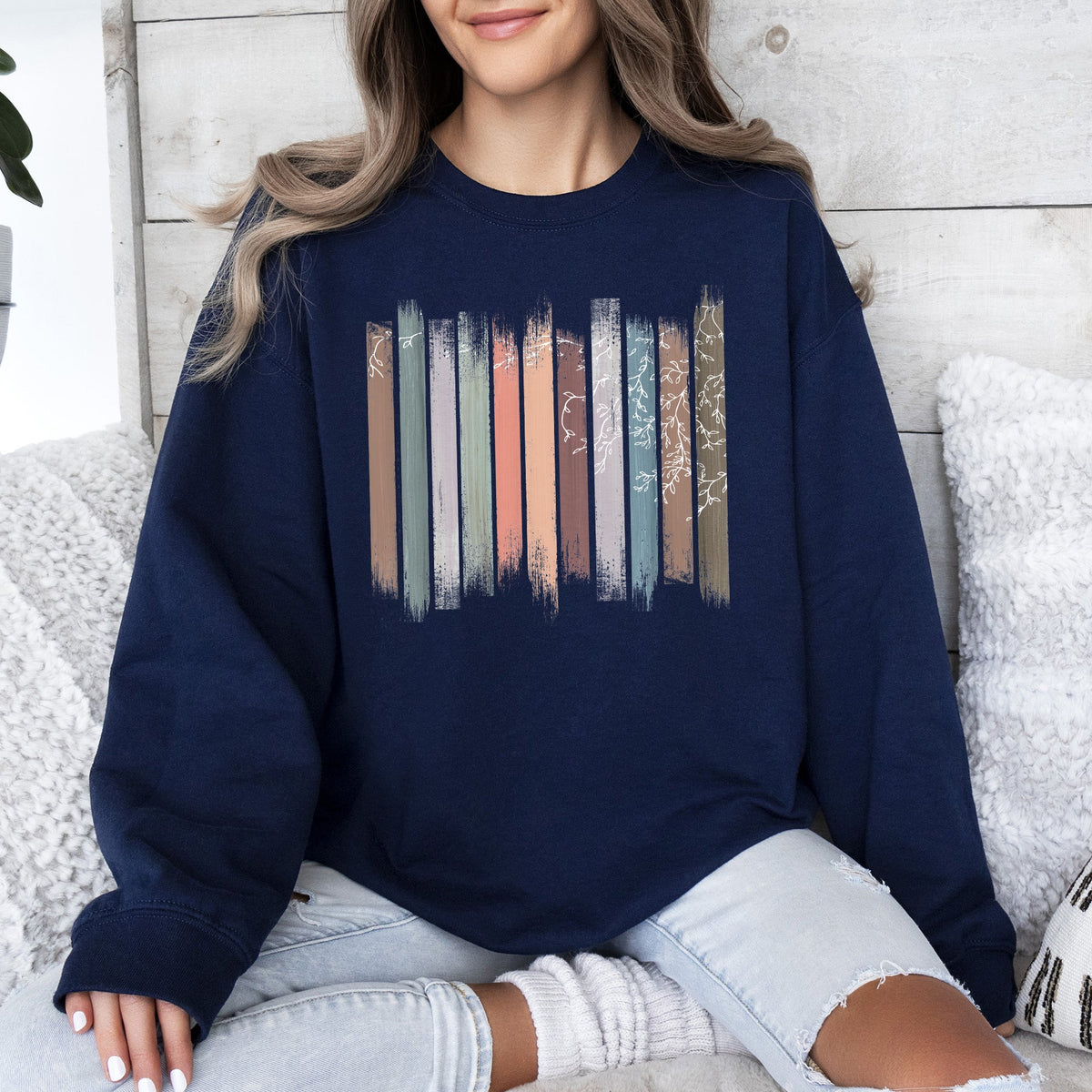 Trailing Vines, Nature, Botanical Stripes Inspired Foliage Pattern Cozy Fleece Sweatshirt