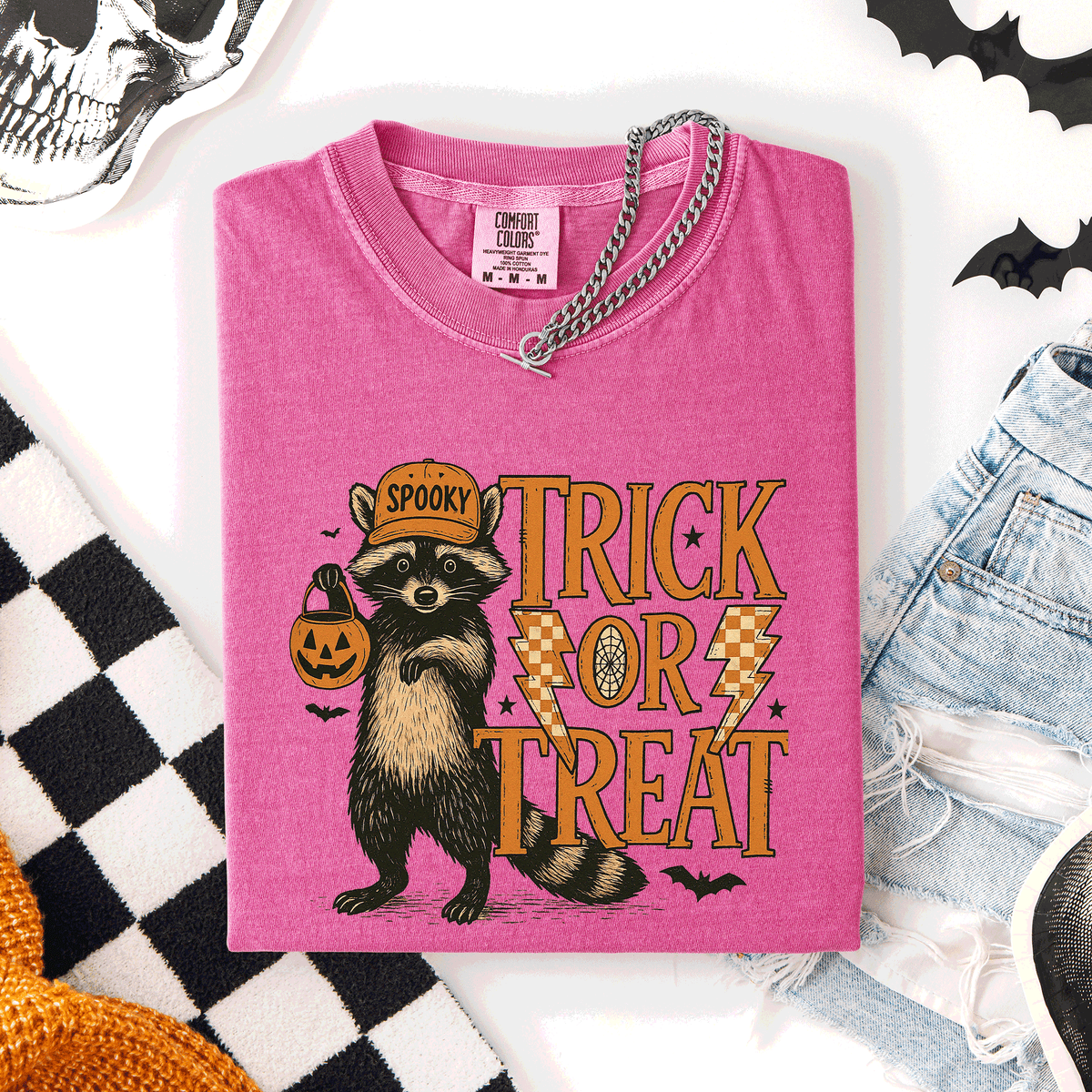 Trick or Treat Raccoon Halloween Mischief With Skeletons Ghosts Cats And Pumpkins Comfort Colors Tee