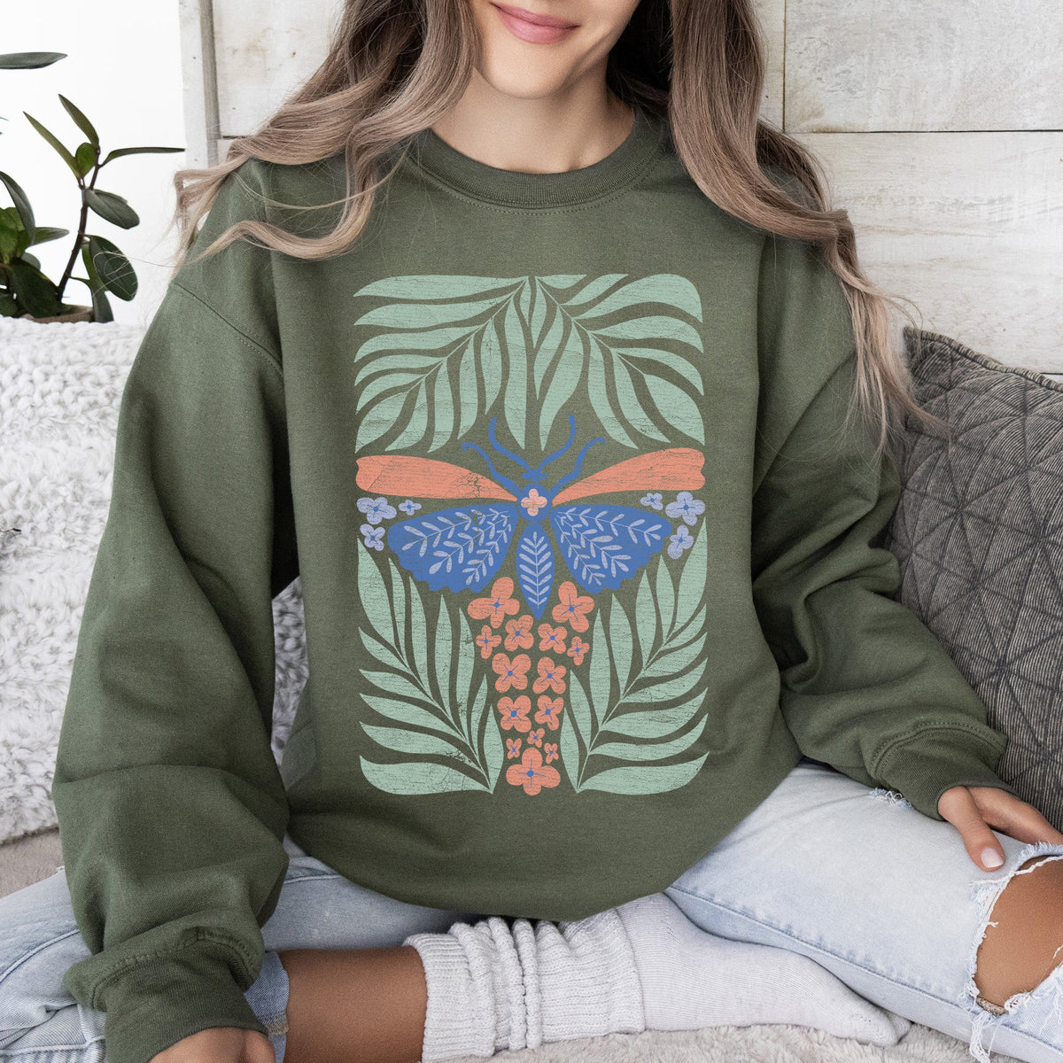 Timeless Tropical Butterfly and Palm Boho Print Design for Cozy All-Season Sweatshirt