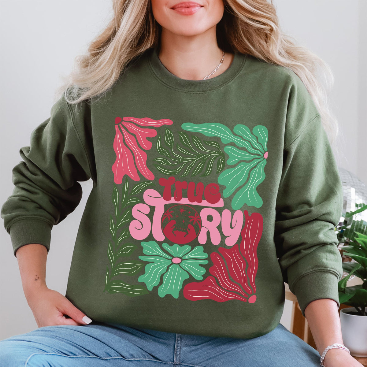 True Story Floral Christian Nativity Christmas Religious Inspired Graphic Sweatshirt