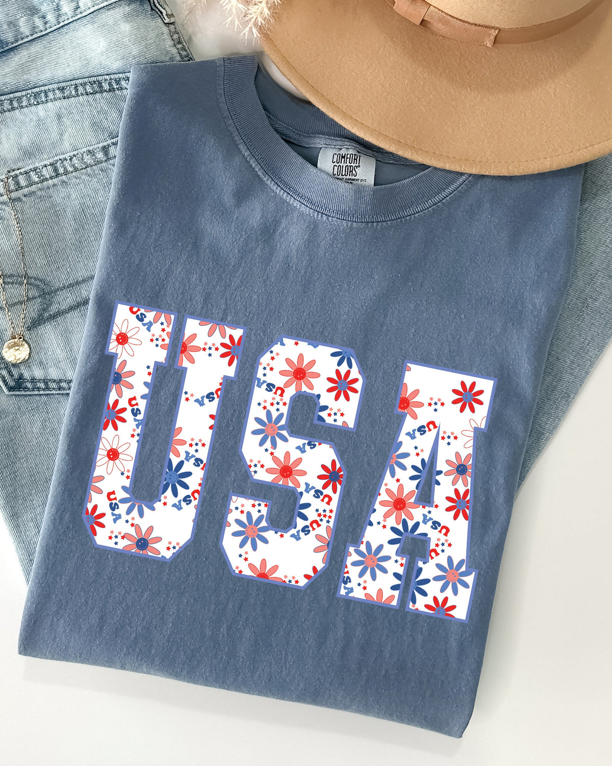 USA Floral Patriot Crest With Americana Flowers And Summer Pride Comfort Colors Tee