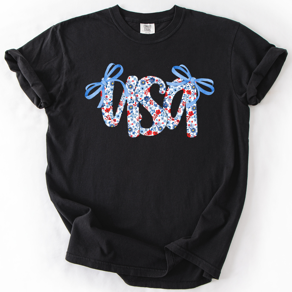 USA Patriotic Floral Patterns With Ribbons For Fourth Of July And American Pride Comfort Colors Tee