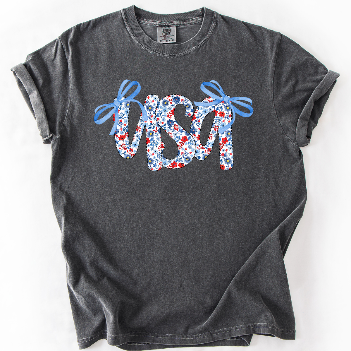 USA Patriotic Floral Patterns With Ribbons For Fourth Of July And American Pride Comfort Colors Tee