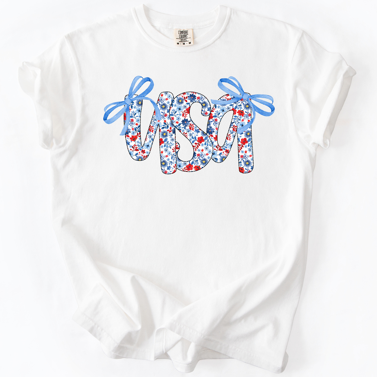 USA Patriotic Floral Patterns With Ribbons For Fourth Of July And American Pride Comfort Colors Tee