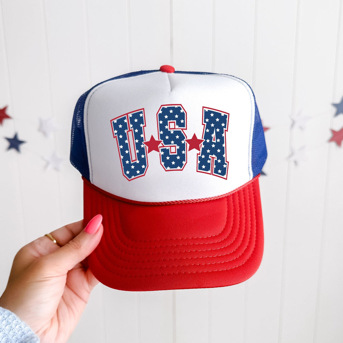 USA Stars Bright Patriotic Emblem Flag Print For American Pride And Freedom Trucker Hat