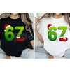 Unisex Funny Gen Z Pop 67 Meme T-Shirt - Green Guy Inspiration Santa Hats Graphic, Niche Viral Humor Tee, Trendy Holiday Meme Apparel