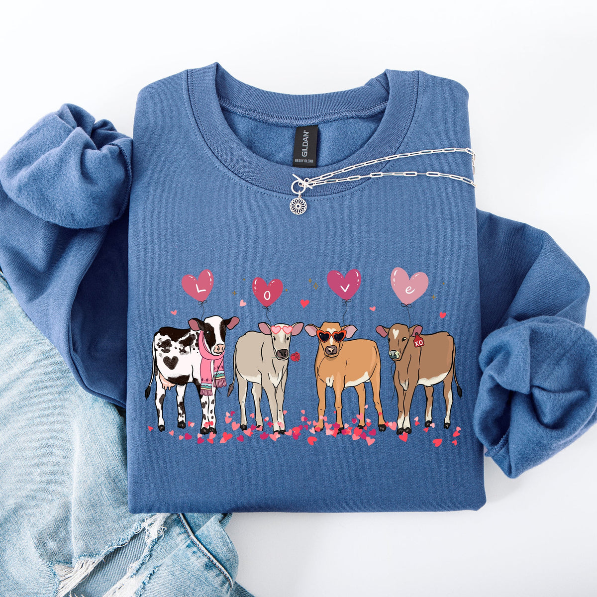 Valentine's Calves And Cows Farm Life Hearts Love For Animals Farmhouse Design Sweatshirt