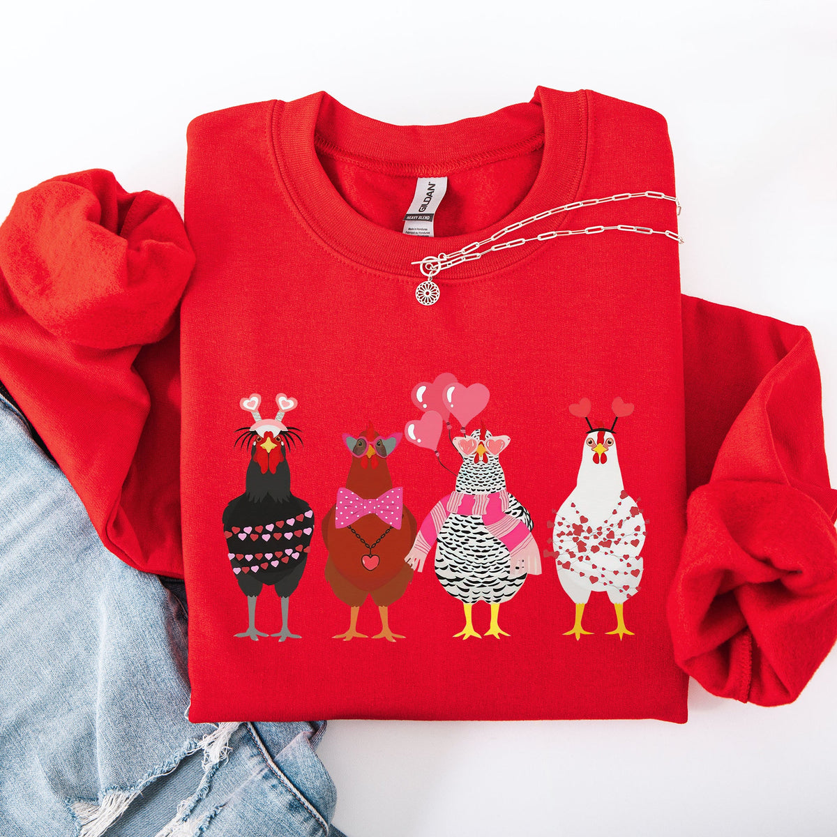Valentine's Chickens Love Hearts Whimsical Farmhouse Cozy Design For Farm Lovers Sweatshirt