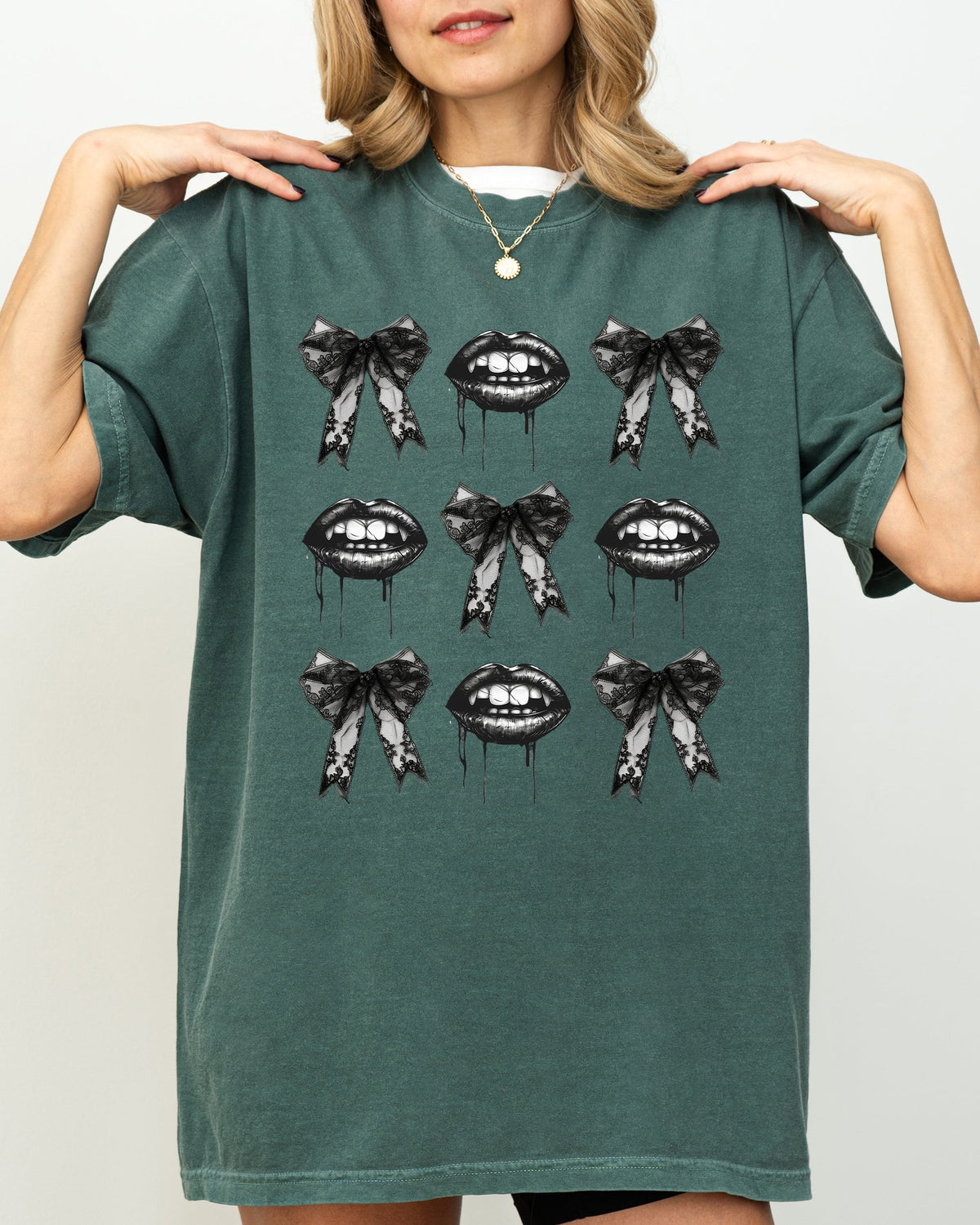 Vampire Black Bows Coquette Ribbons Halloween Lace Gothic Spooky Scary Fangs Comfort Colors Tee