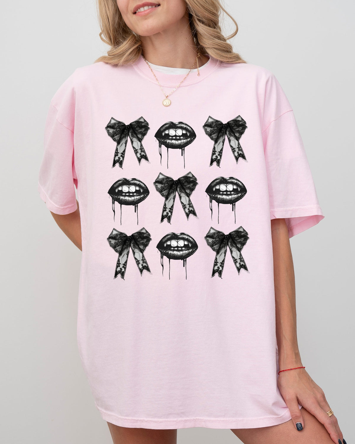 Vampire Black Bows Coquette Ribbons Halloween Lace Gothic Spooky Scary Fangs Comfort Colors Tee