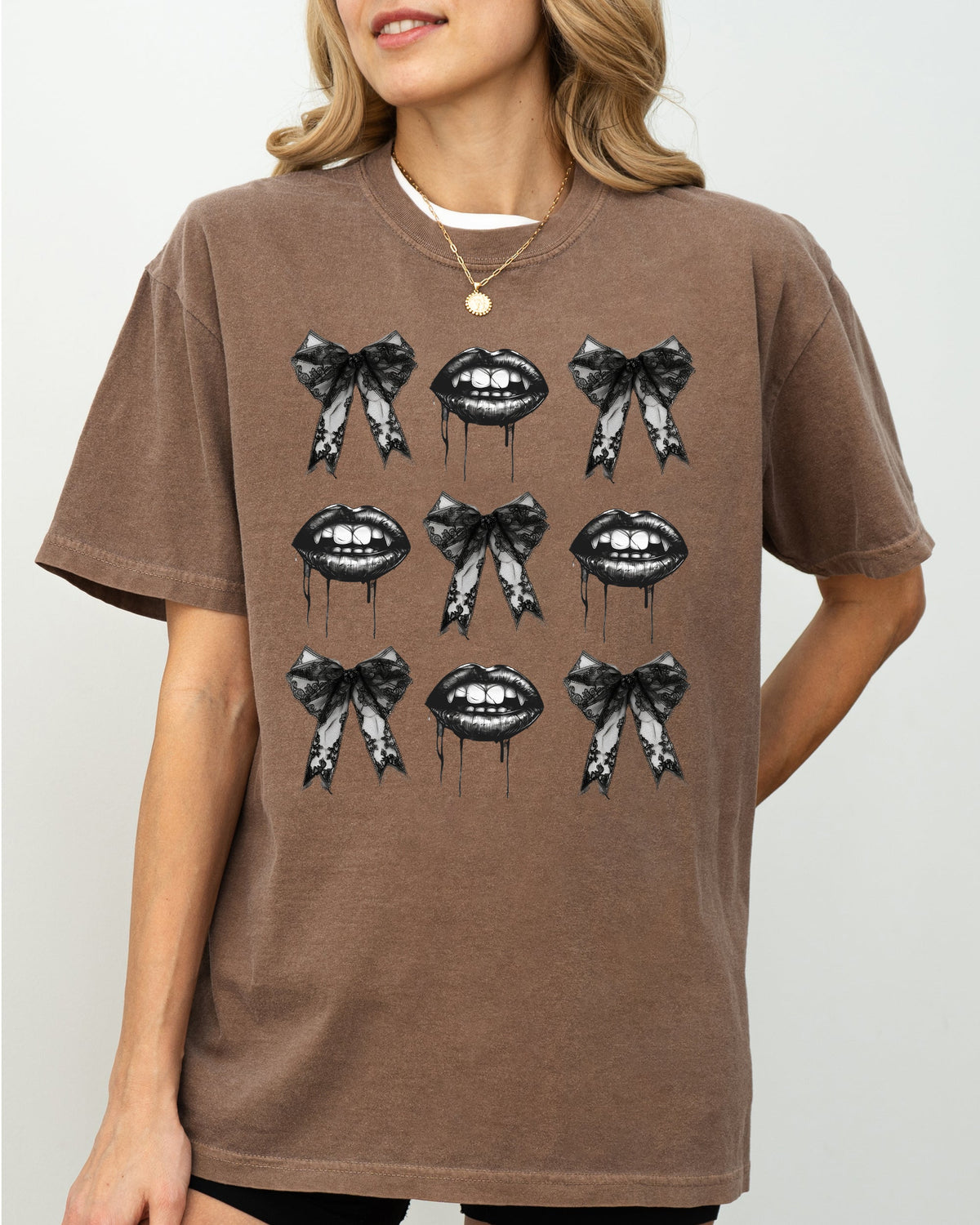 Vampire Black Bows Coquette Ribbons Halloween Lace Gothic Spooky Scary Fangs Comfort Colors Tee
