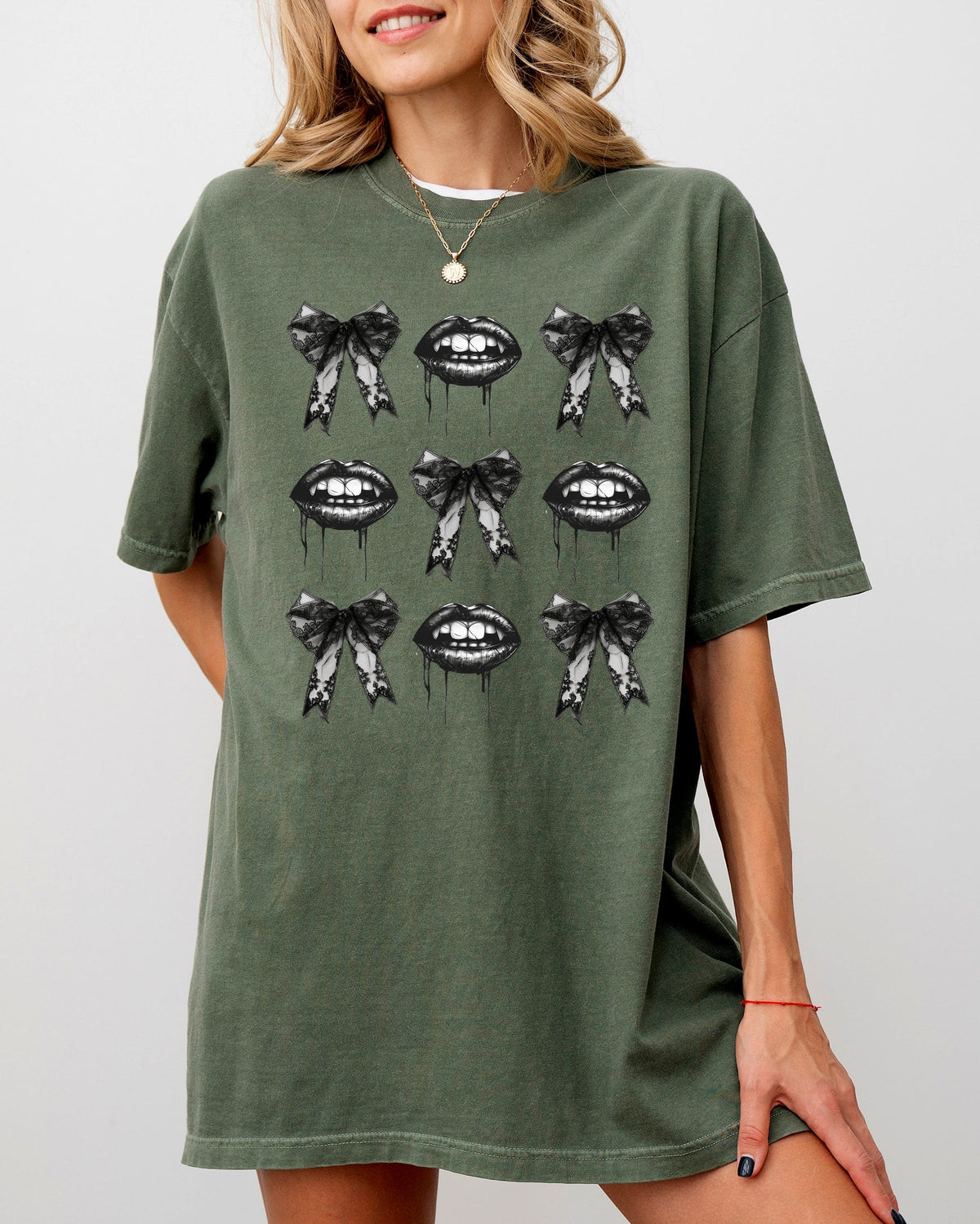 Vampire Black Bows Coquette Ribbons Halloween Lace Gothic Spooky Scary Fangs Comfort Colors Tee