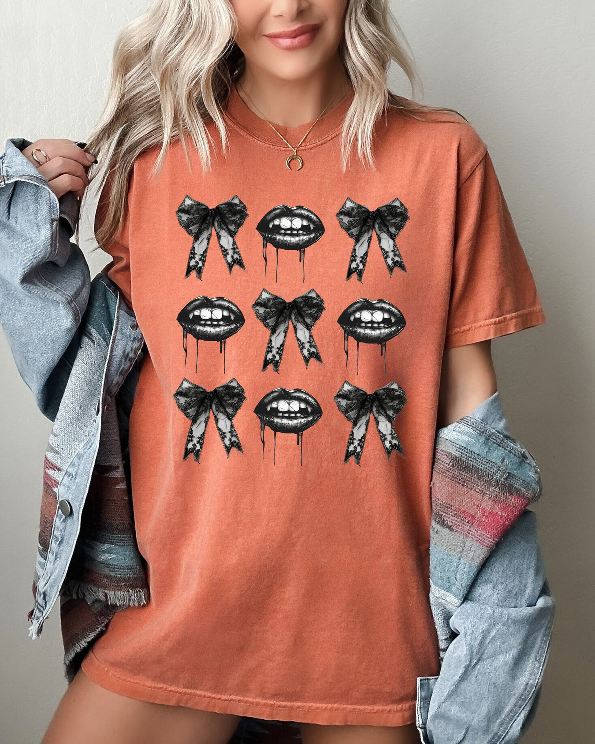 Vampire Black Bows Coquette Ribbons Halloween Lace Gothic Spooky Scary Fangs Comfort Colors Tee