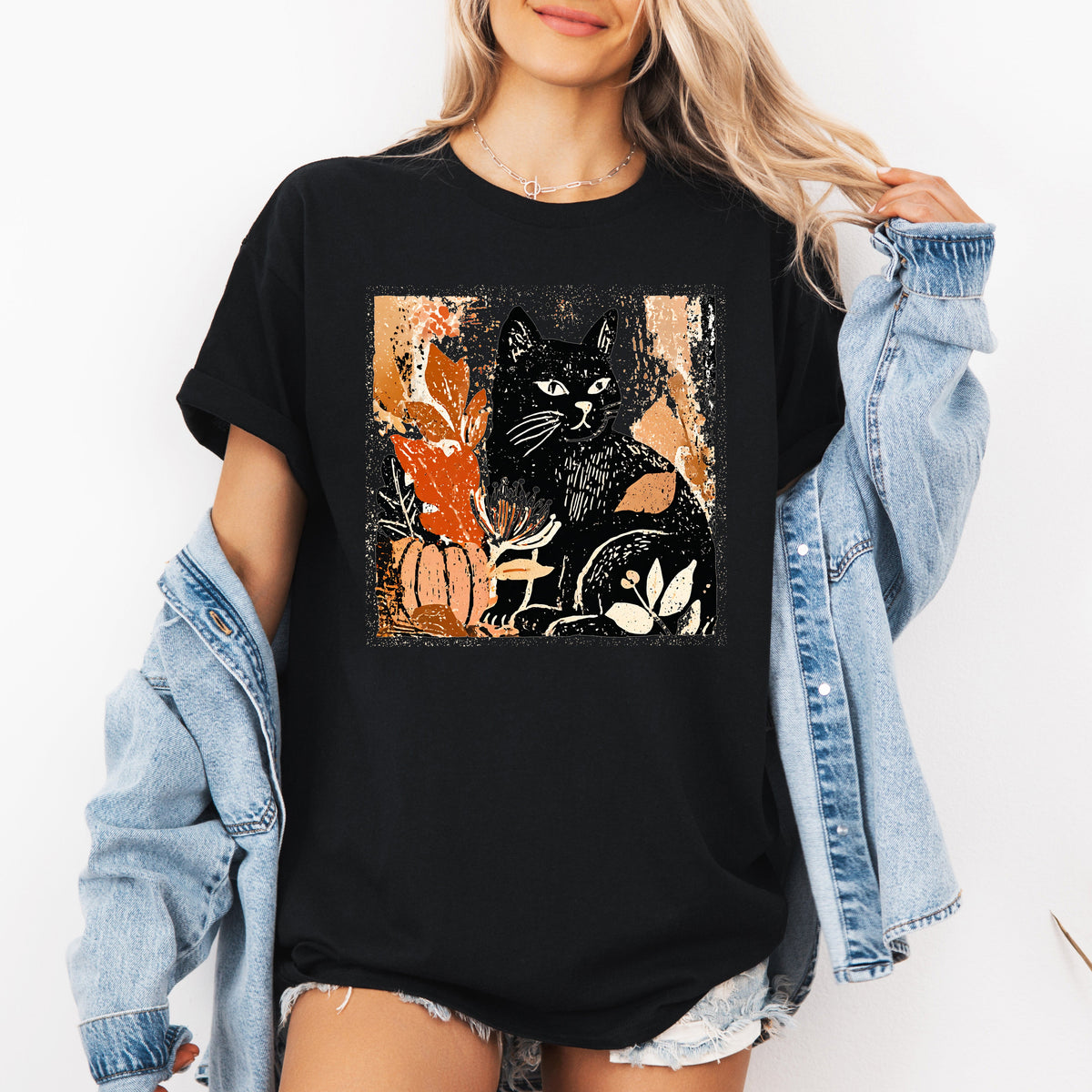 Vintage Black Cat Halloween Autumn Pumpkin Moonlit Night Cozy Wonderland Graphic Tee