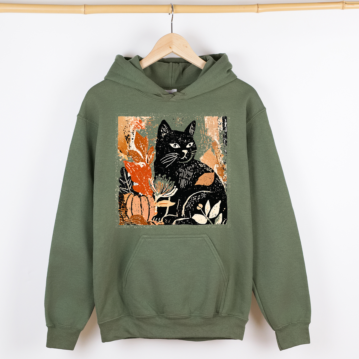 Vintage Black Cat Halloween Pumpkin Motif Retro Style Spooky Feline Night Scene Artwork Graphic Hoodie