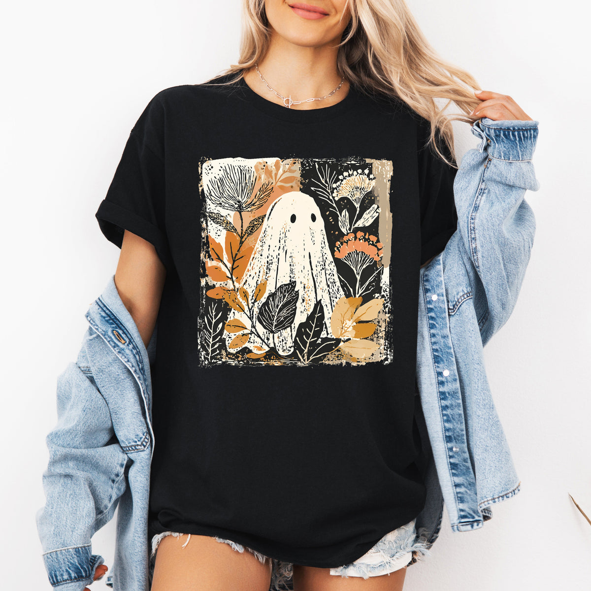 Vintage Ghost Halloween Botanical Floral Autumn Night Scene Moonlit Garden Graphic Tee