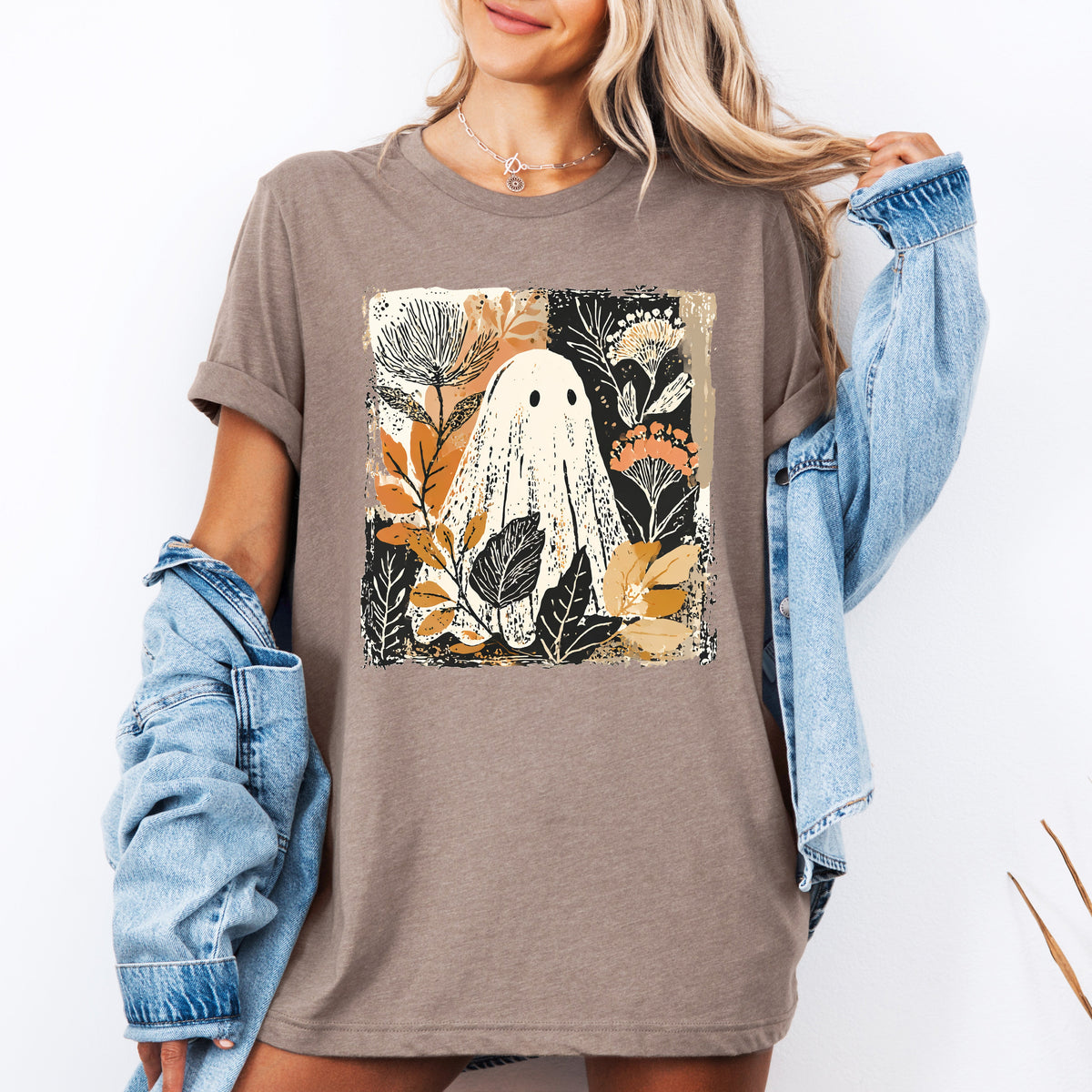 Vintage Ghost Halloween Botanical Floral Autumn Night Scene Moonlit Garden Graphic Tee