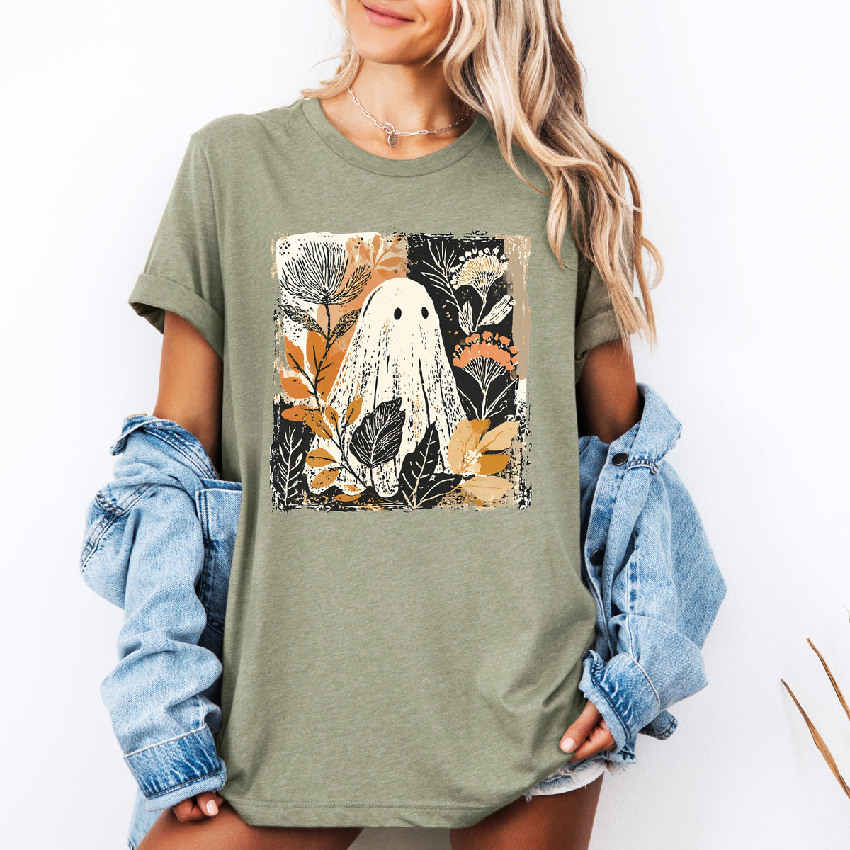 Vintage Ghost Halloween Botanical Floral Autumn Night Scene Moonlit Garden Graphic Tee