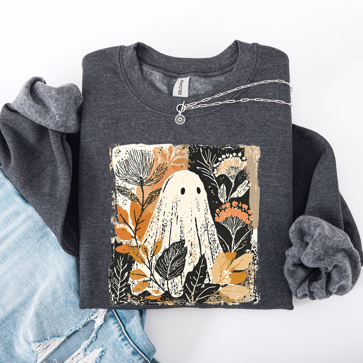 Vintage Ghost Halloween Botanical Floral Autumn Fall Cozy Night Spirit Sweatshirt