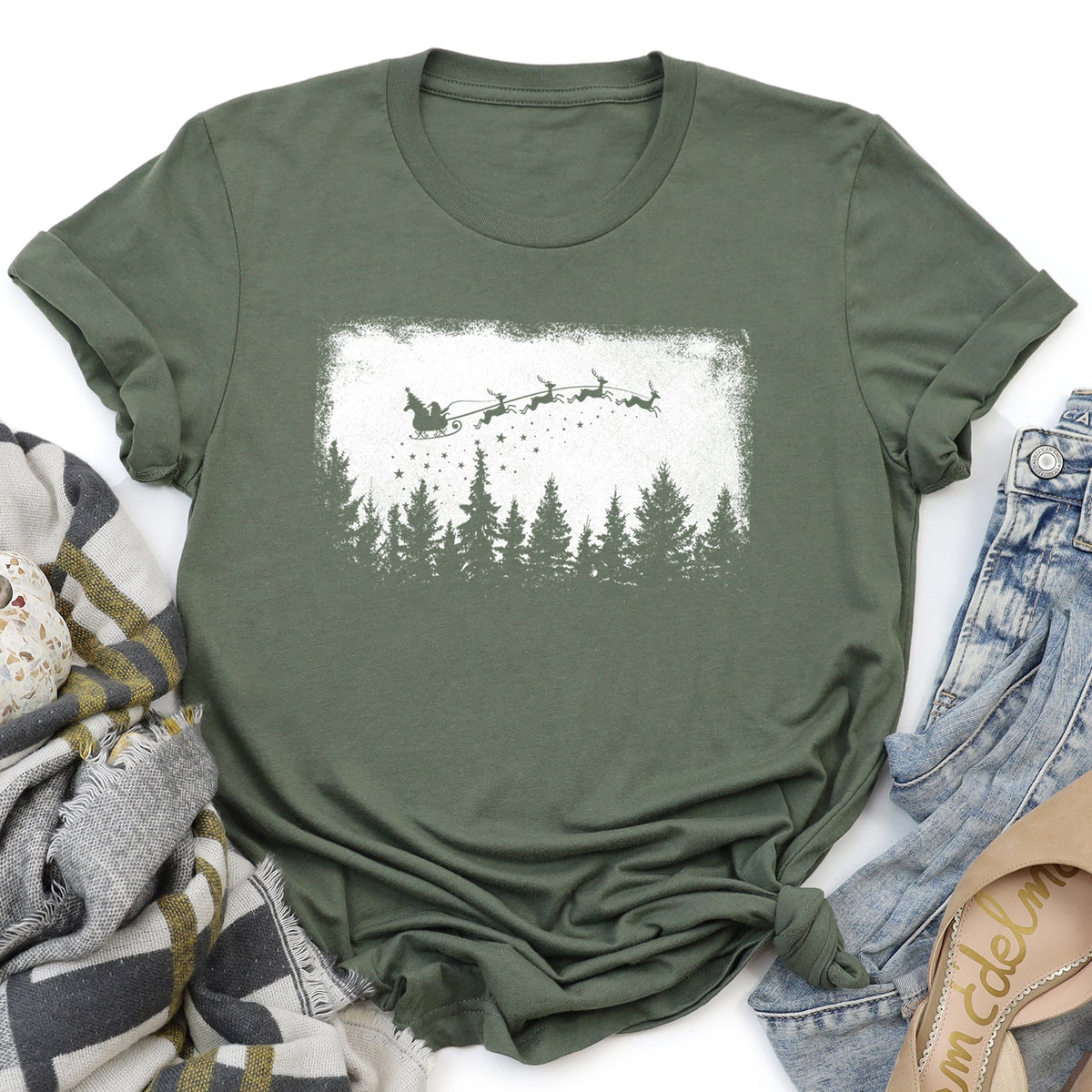 Vintage Pine Tree Christmas Silhouette Santa Reindeer Sleigh Holiday Graphic Tee