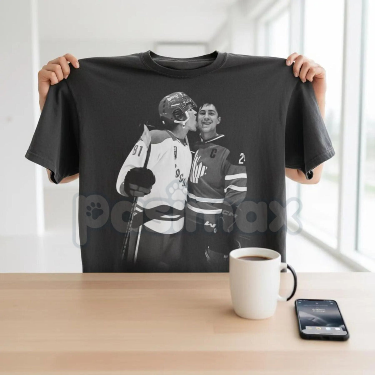 Vintage Black and White Hockey Kiss T-shirt - Retro Sports Romance Apparel, Classic Hockey Celebration Tee, Cinematic Ice Rink Graphic Shirt