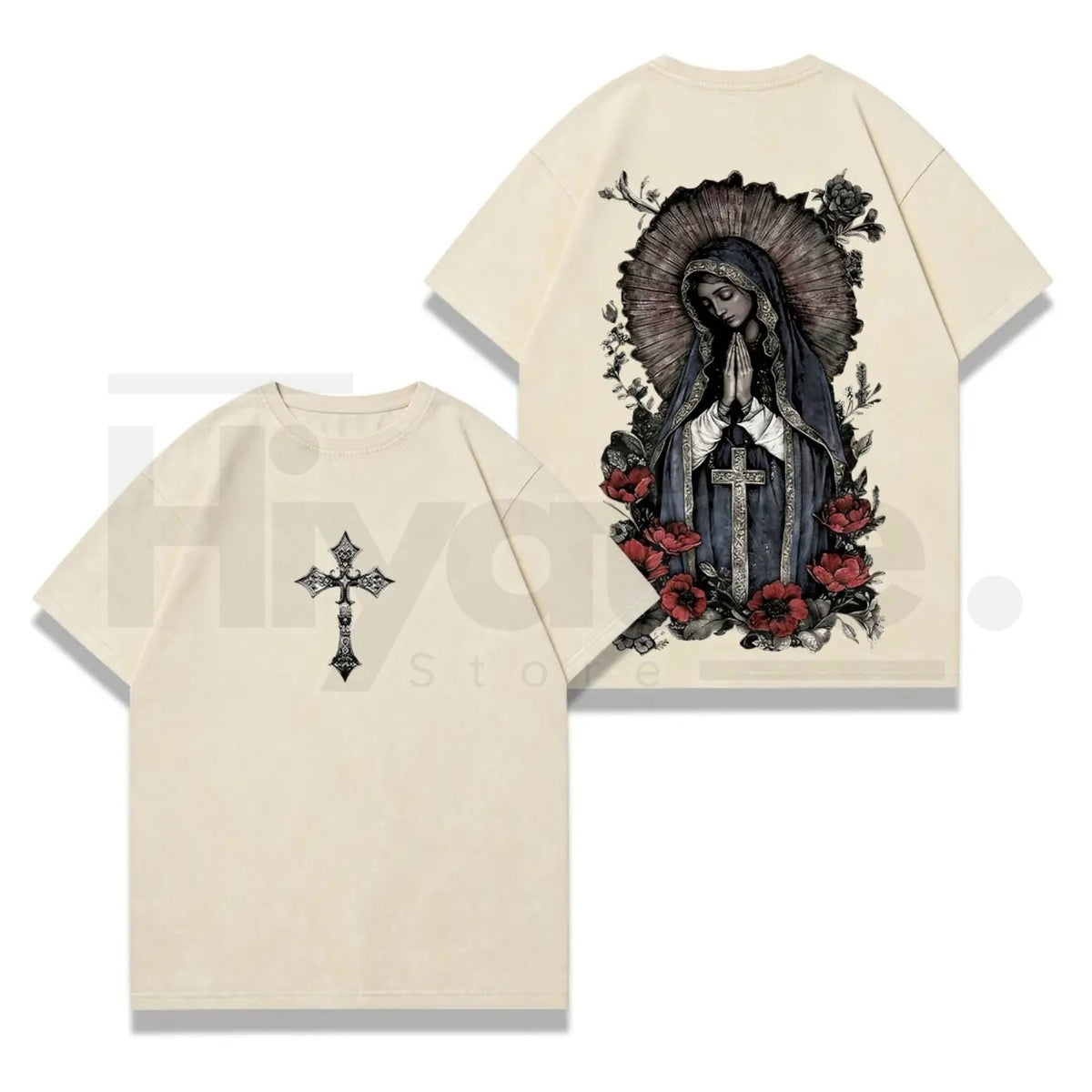 Virgin Mary Graphic T-Shirt – Washed Black Heavy Cotton Gothic Streetwear Tee