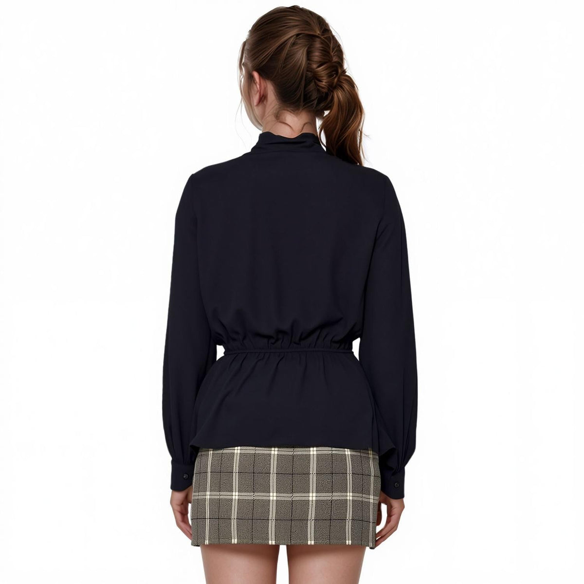 Pleione Tie Neck Button Down Peplum Blouse in Black