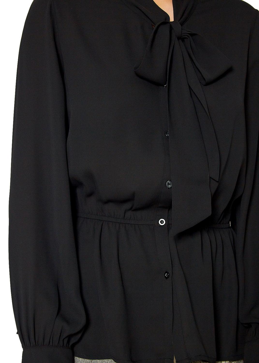 Pleione Tie Neck Button Down Peplum Blouse in Black