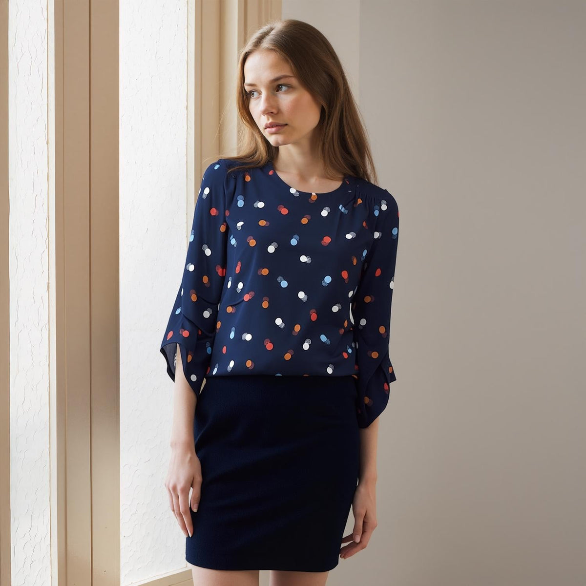 Pleione Women's 3/4 Sleeve Multi Layered Cuff Blouse