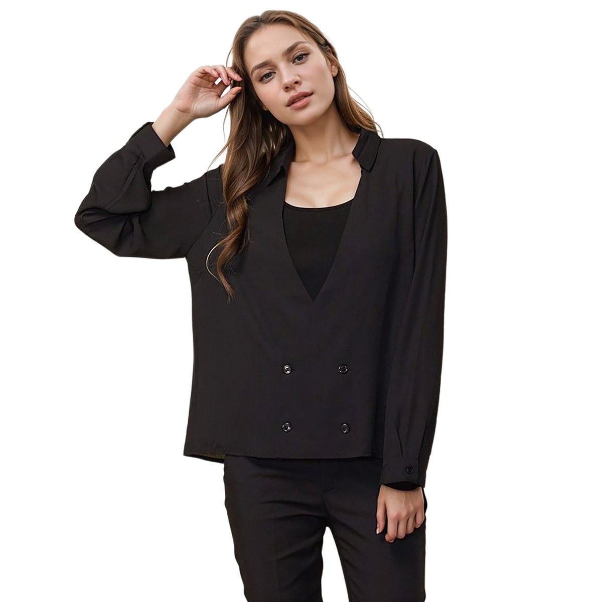 Pleione Women's Button Down Solid Shirt Blouse in Black