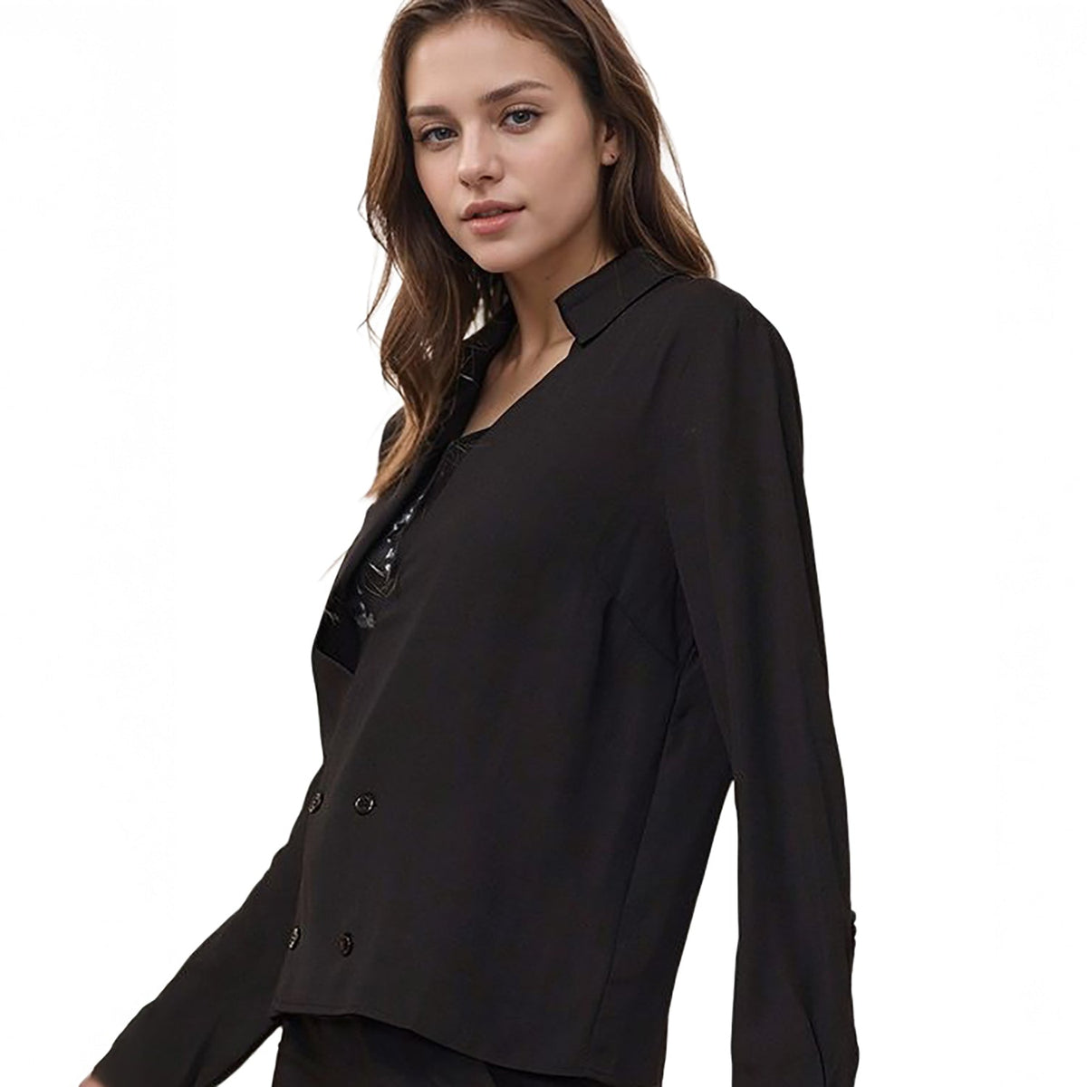 Pleione Women's Button Down Solid Shirt Blouse in Black