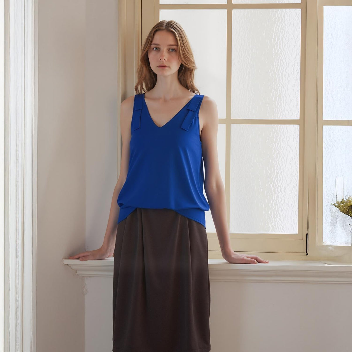 Pleione V-Neck Bow Tie Shoulder Cami Blouse